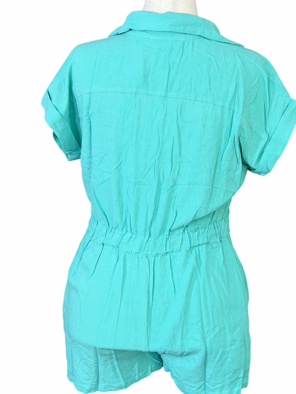 She + Sky Turquoise Button-Front Utility Romper - Picture 2 of 3